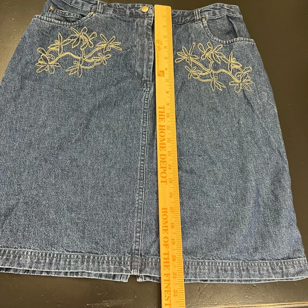 Westbound Y2k Blue Denim Floral Embroidery Straight Knee Length Jean Skirt Sz 14